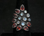 Vintage Handmade Rainbow Moonstone and Garnet Sterling Silver Ring - Size 5.75