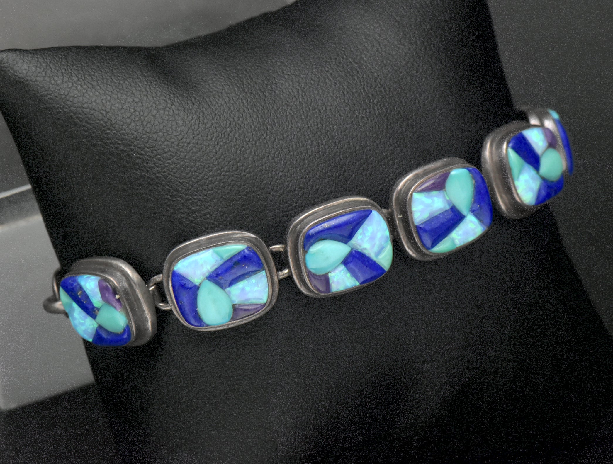 Vintage Handmade Navajo Mosaic Gemstone Inlay Sterling Silver Bracelet