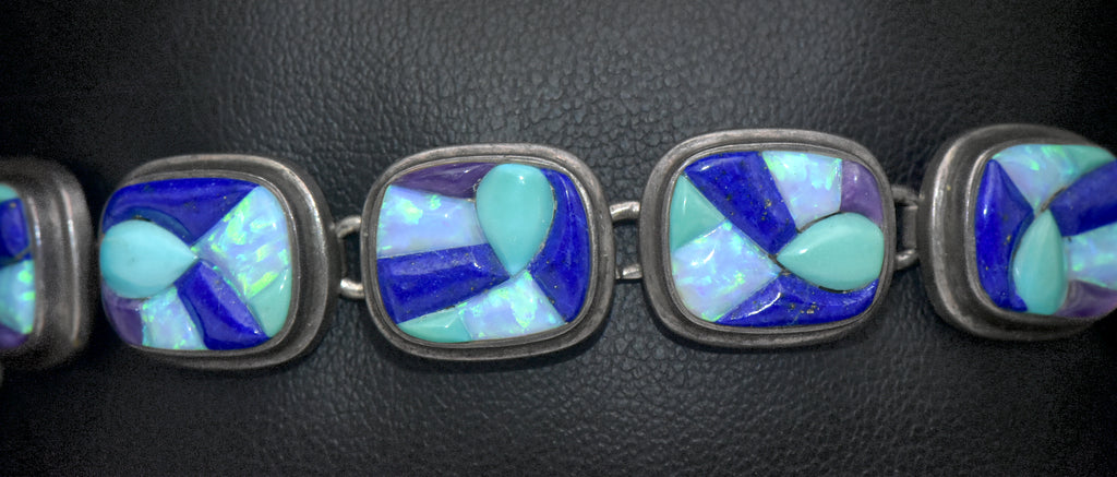 Vintage Handmade Navajo Mosaic Gemstone Inlay Sterling Silver Bracelet