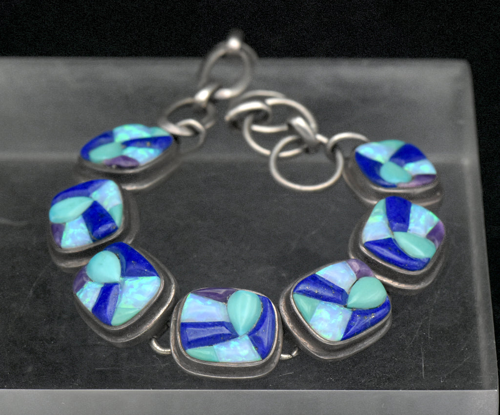Vintage Handmade Navajo Mosaic Gemstone Inlay Sterling Silver Bracelet