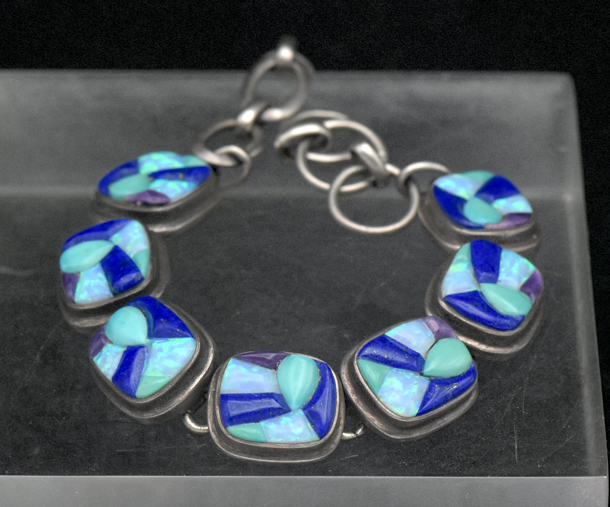 Vintage Handmade Navajo Mosaic Gemstone Inlay Sterling Silver Bracelet