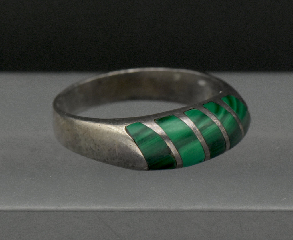 Vintage Handmade Malachite Sterling Silver Band - Size 8