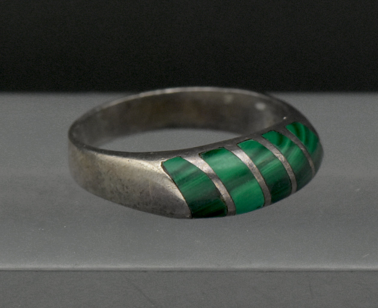 Vintage Handmade Malachite Sterling Silver Band - Size 8