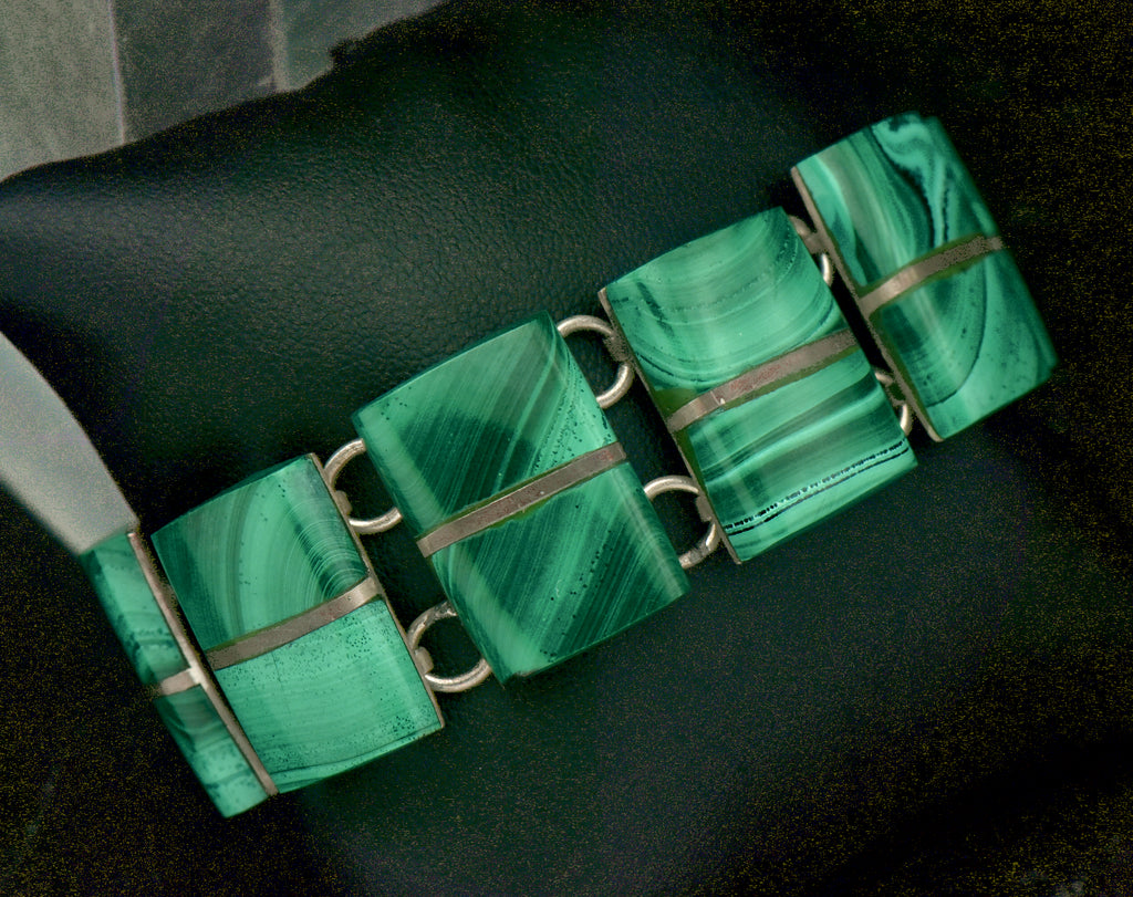 Vintage Handmade Mexican Sterling Silver & Malachite Panel Bracelet - 6.75"
