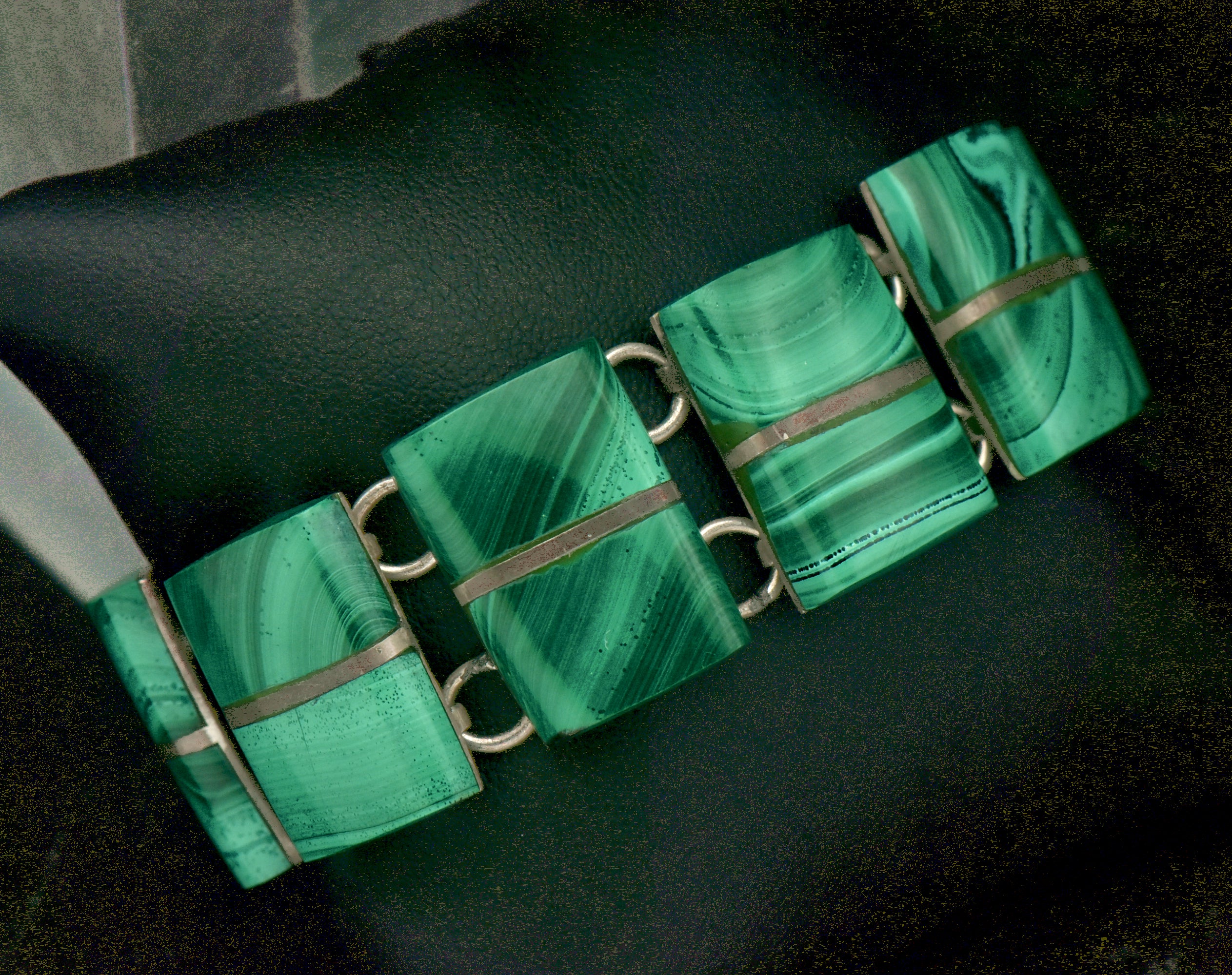 Vintage Handmade Mexican Sterling Silver & Malachite Panel Bracelet - 6.75"