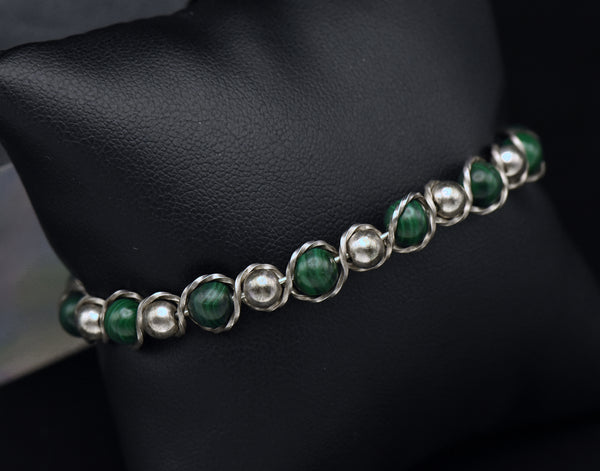 Vintage Handmade Malachite Bead Sterling Silver Wire Wrapped Bracelet