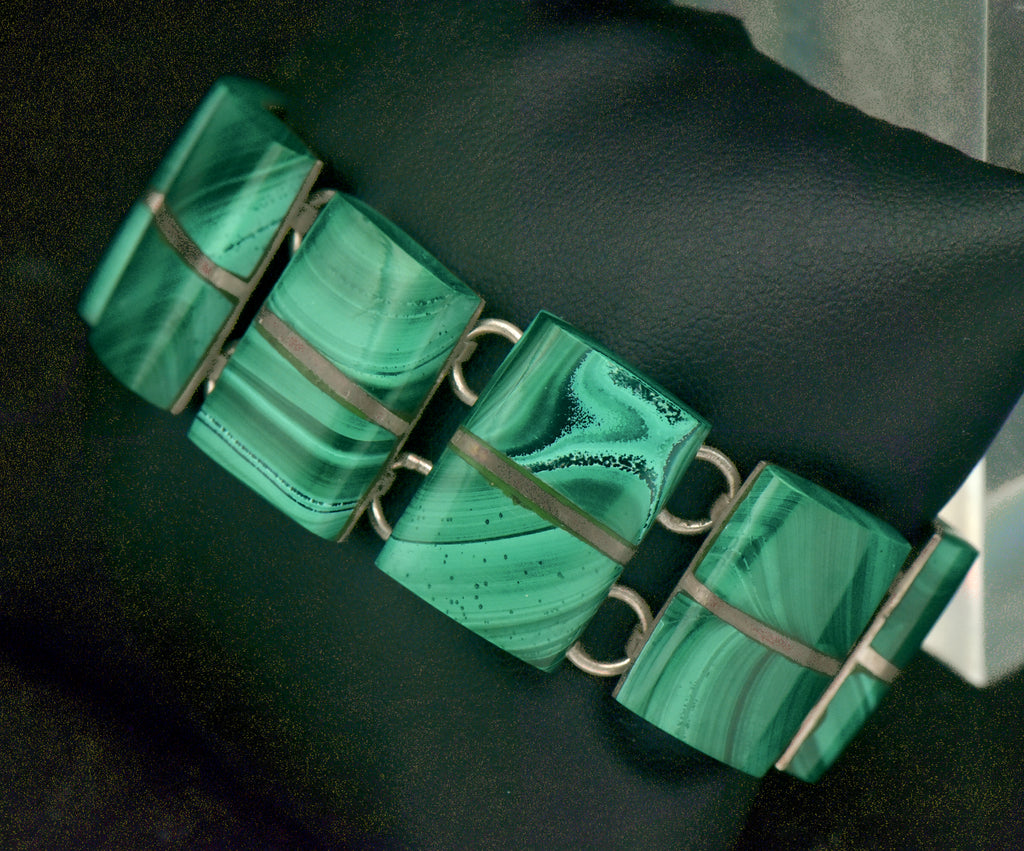 Vintage Handmade Mexican Sterling Silver & Malachite Panel Bracelet - 6.75"