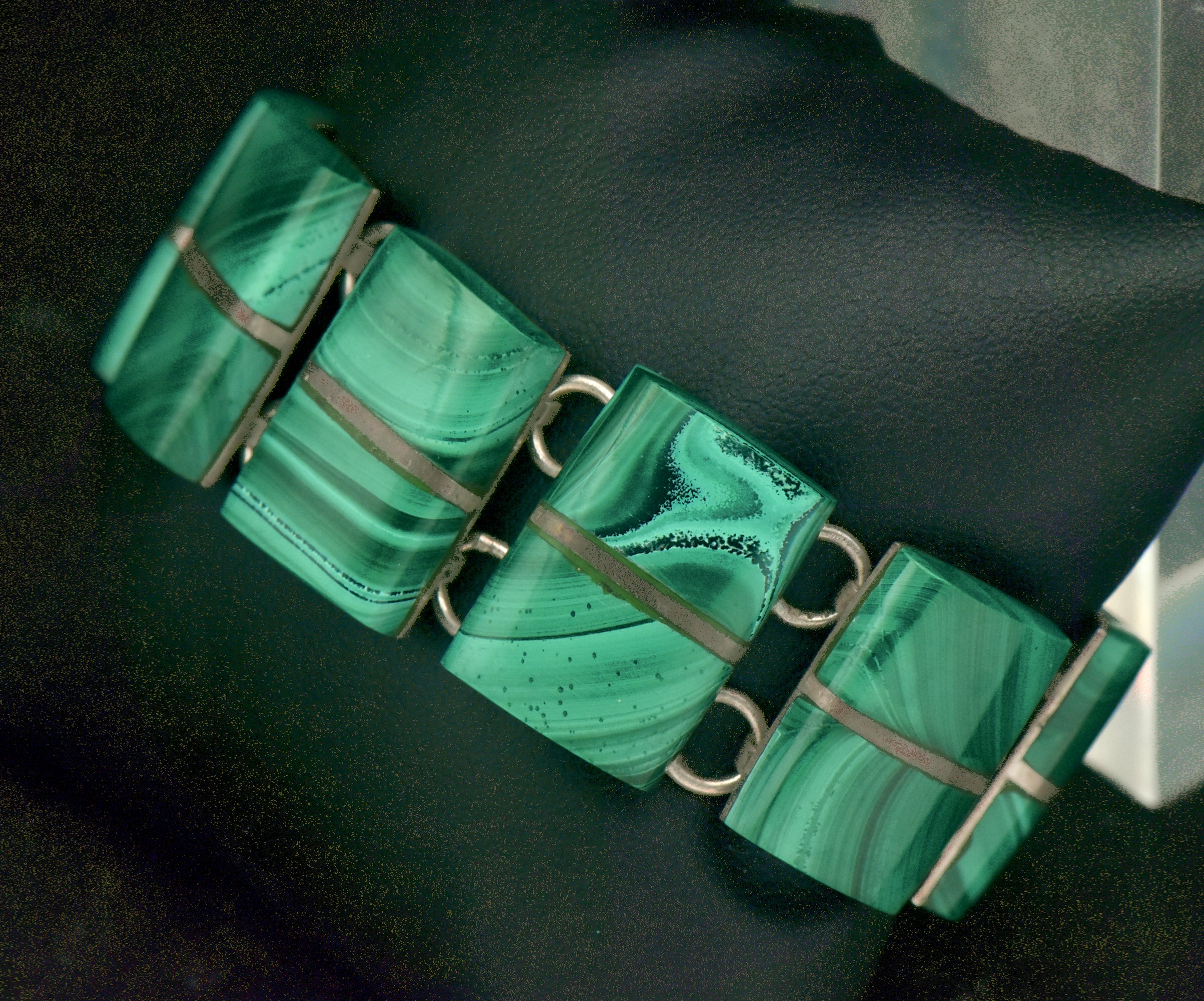 Vintage Handmade Mexican Sterling Silver & Malachite Panel Bracelet - 6.75"