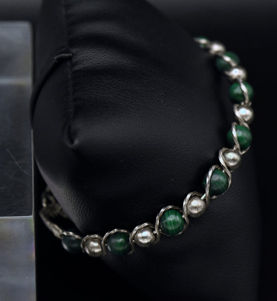 Vintage Handmade Malachite Bead Sterling Silver Wire Wrapped Bracelet