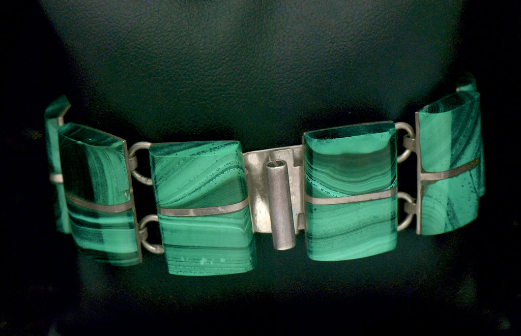 Vintage Handmade Mexican Sterling Silver & Malachite Panel Bracelet - 6.75"