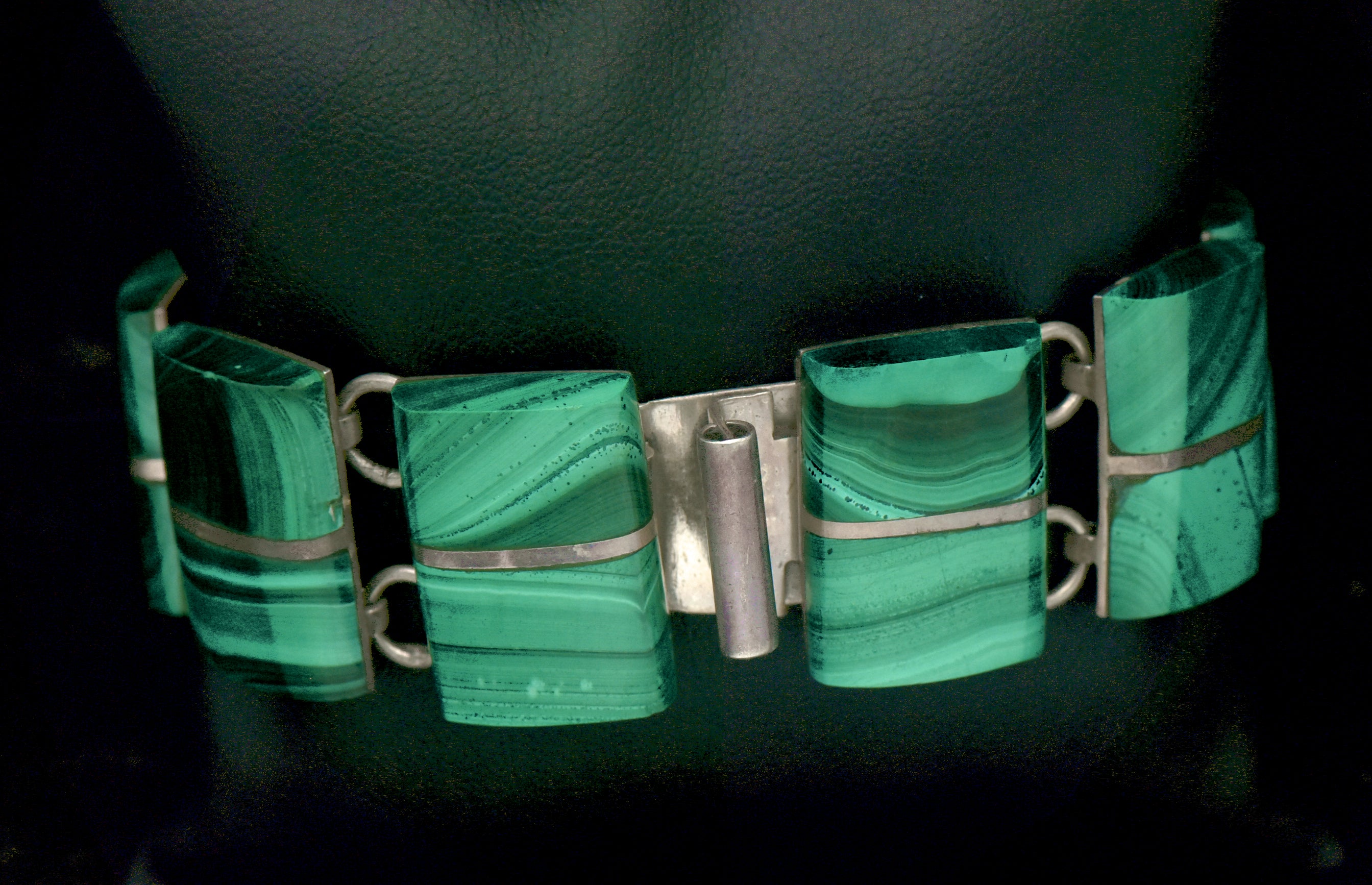Vintage Handmade Mexican Sterling Silver & Malachite Panel Bracelet - 6.75"