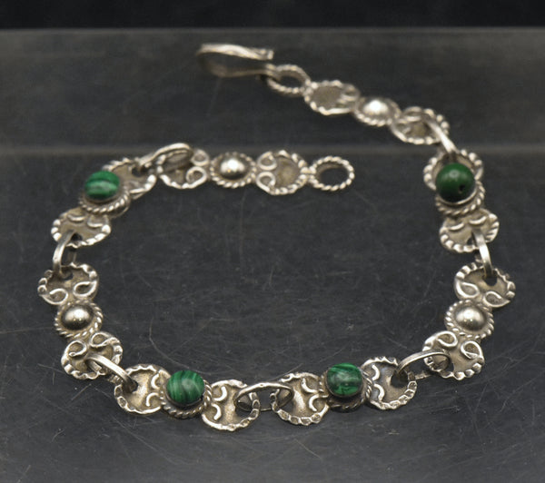 Vintage Sterling Silver and Imitation Malachite Bracelet - 7.25"