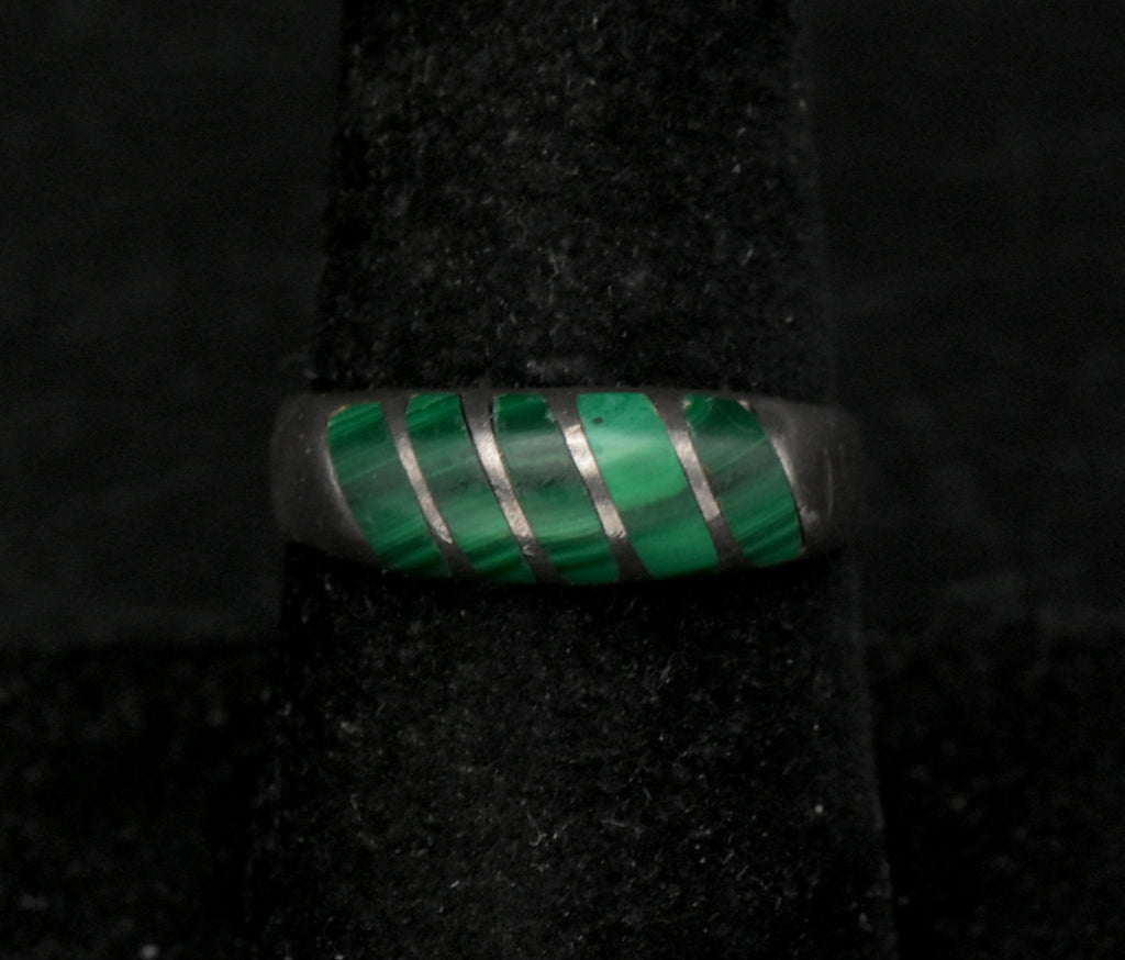Vintage Handmade Malachite Sterling Silver Band - Size 8