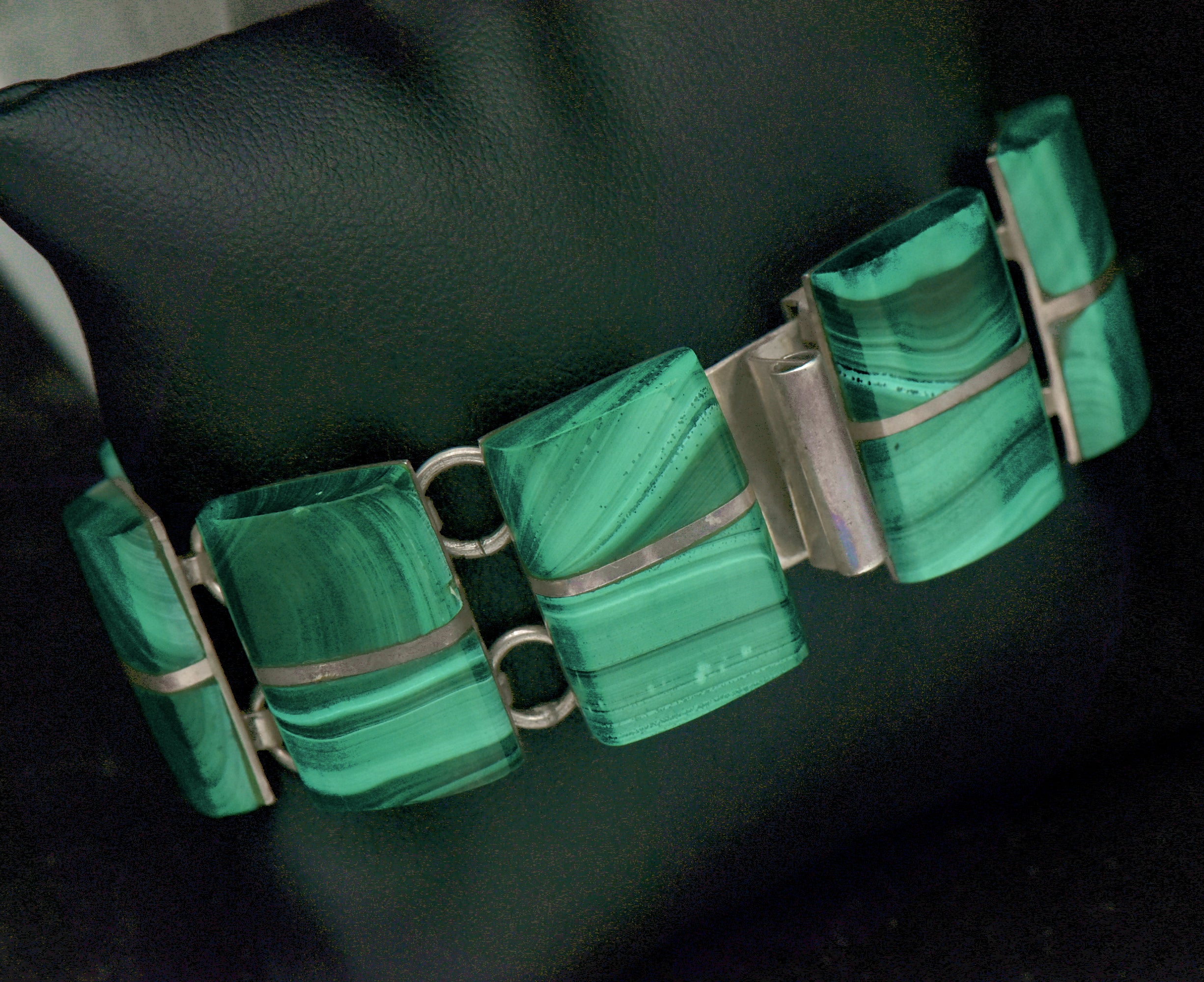 Vintage Handmade Mexican Sterling Silver & Malachite Panel Bracelet - 6.75"