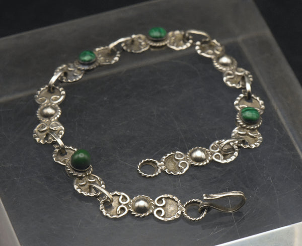 Vintage Sterling Silver and Imitation Malachite Bracelet - 7.25"