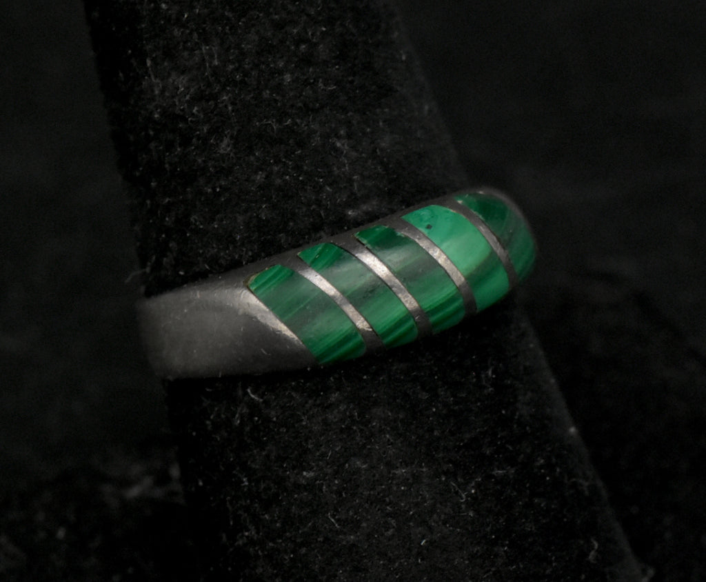 Vintage Handmade Malachite Sterling Silver Band - Size 8