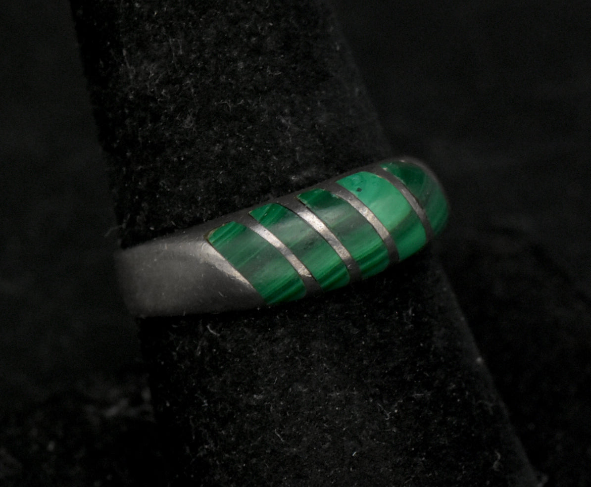 Vintage Handmade Malachite Sterling Silver Band - Size 8