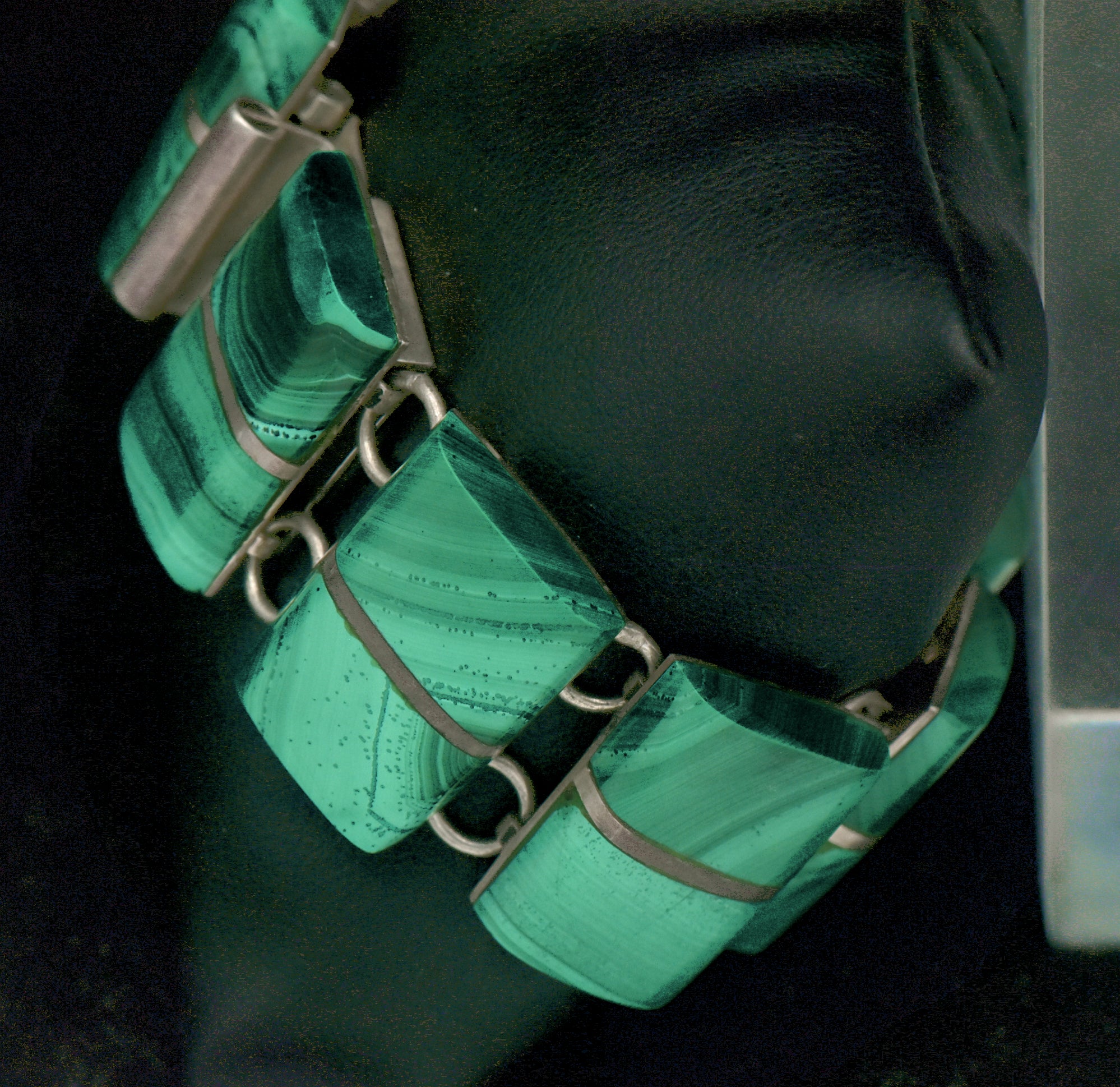 Vintage Handmade Mexican Sterling Silver & Malachite Panel Bracelet - 6.75"