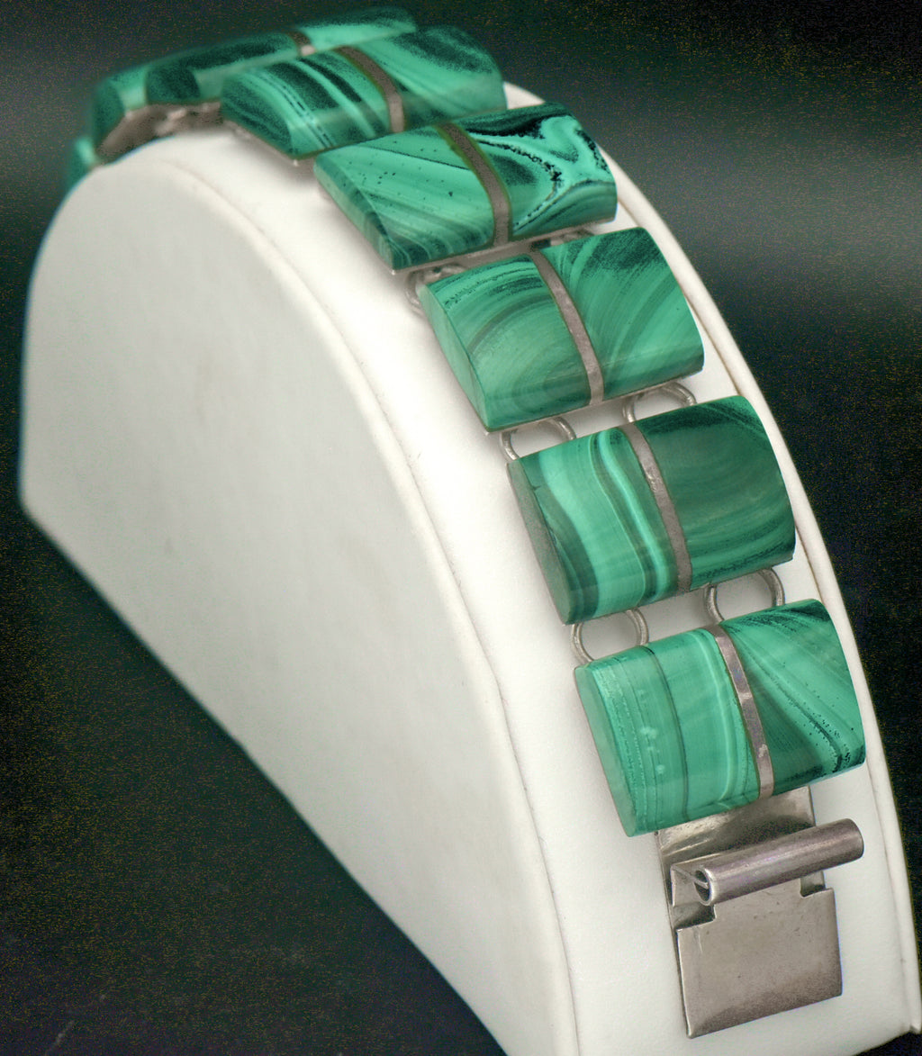 Vintage Handmade Mexican Sterling Silver & Malachite Panel Bracelet - 6.75"