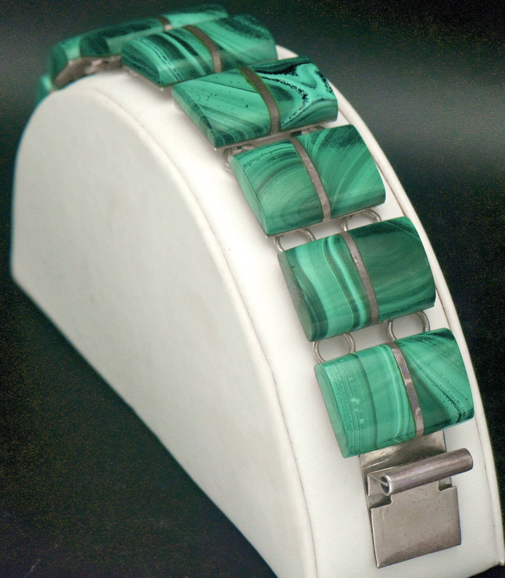 Vintage Handmade Mexican Sterling Silver & Malachite Panel Bracelet - 6.75"