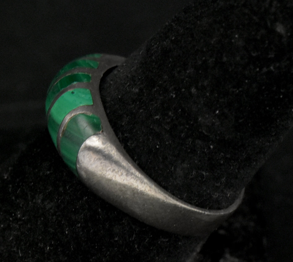 Vintage Handmade Malachite Sterling Silver Band - Size 8