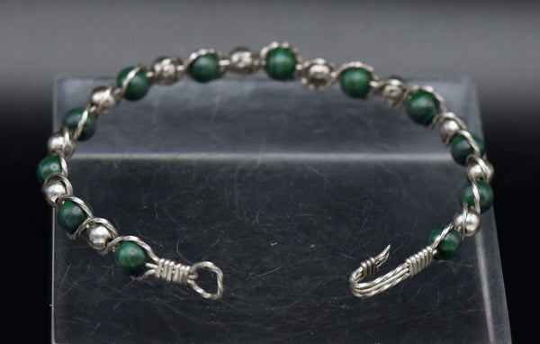 Vintage Handmade Malachite Bead Sterling Silver Wire Wrapped Bracelet