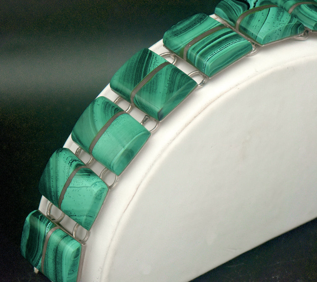 Vintage Handmade Mexican Sterling Silver & Malachite Panel Bracelet - 6.75"