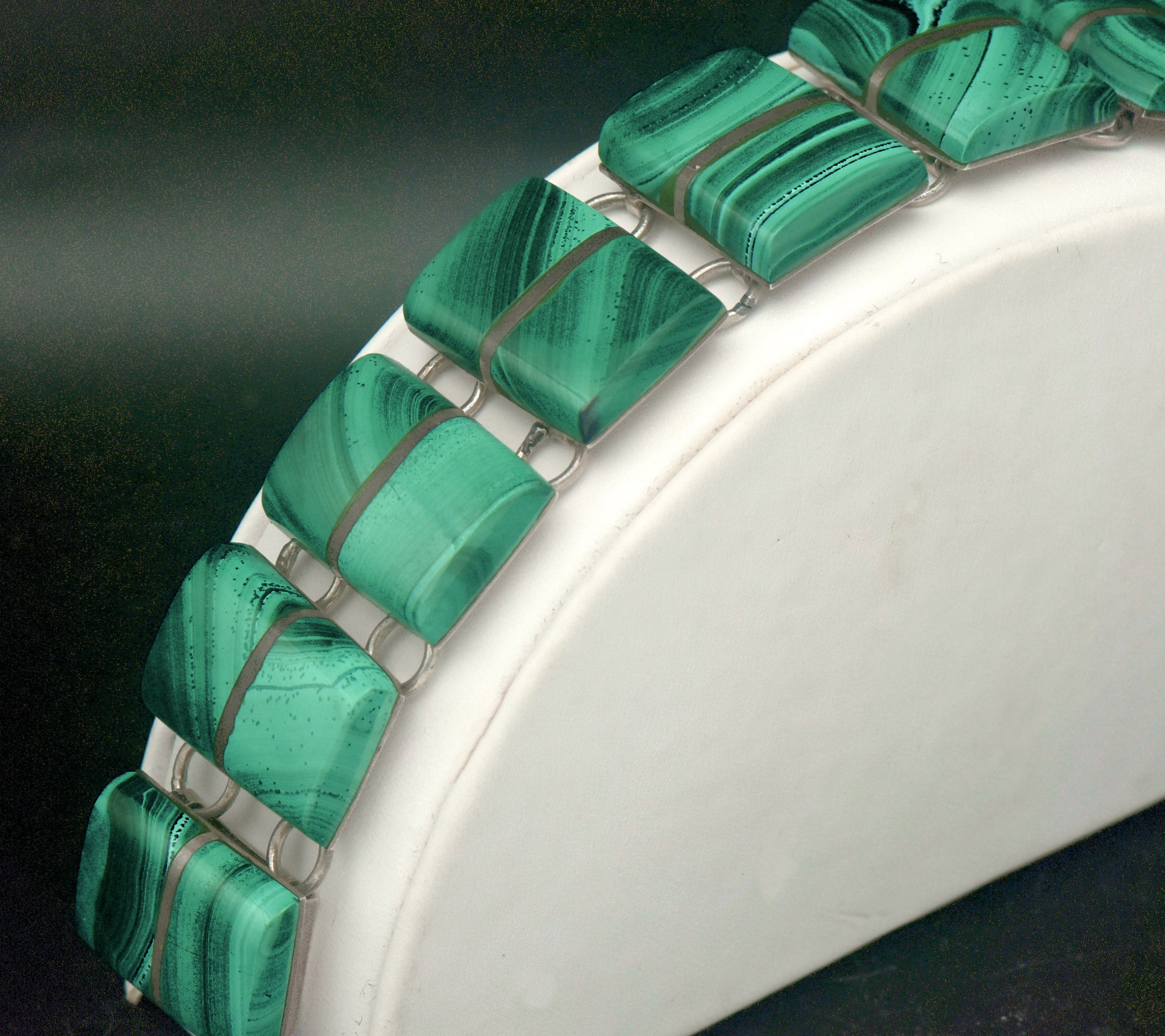 Vintage Handmade Mexican Sterling Silver & Malachite Panel Bracelet - 6.75"