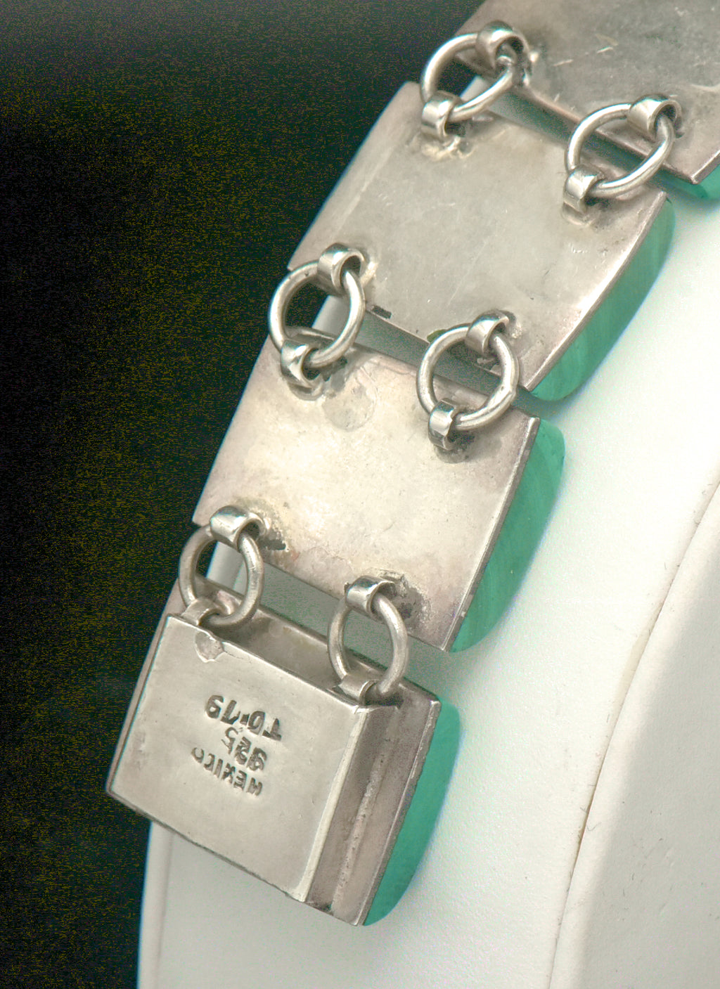 Vintage Handmade Mexican Sterling Silver & Malachite Panel Bracelet - 6.75"