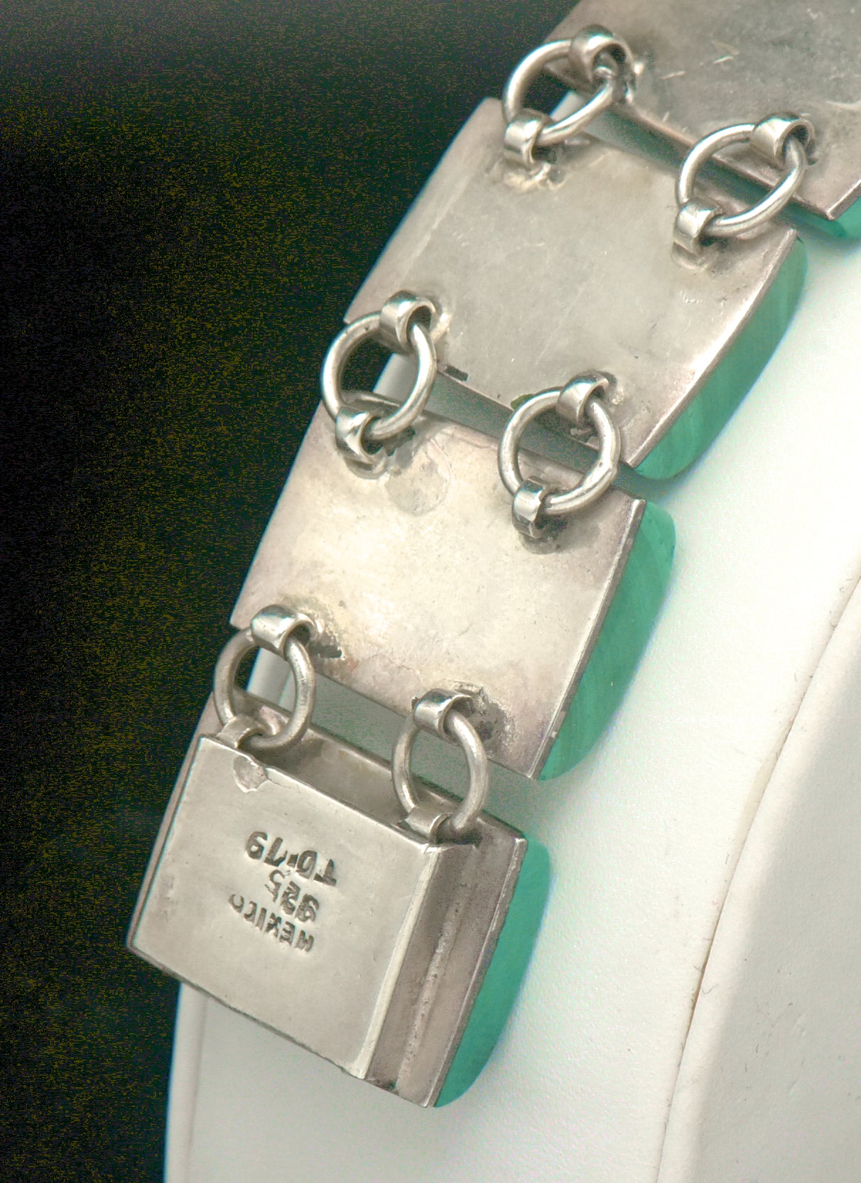 Vintage Handmade Mexican Sterling Silver & Malachite Panel Bracelet - 6.75"