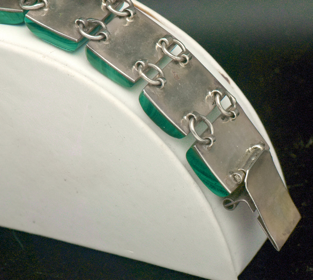 Vintage Handmade Mexican Sterling Silver & Malachite Panel Bracelet - 6.75"