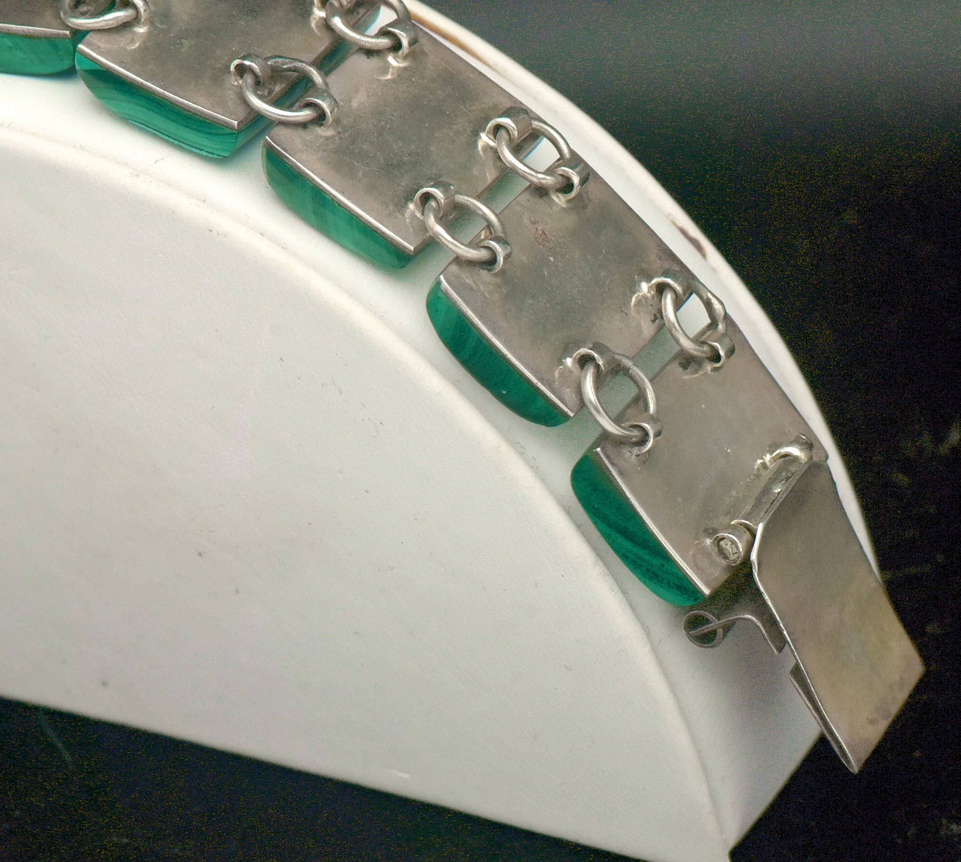 Vintage Handmade Mexican Sterling Silver & Malachite Panel Bracelet - 6.75"