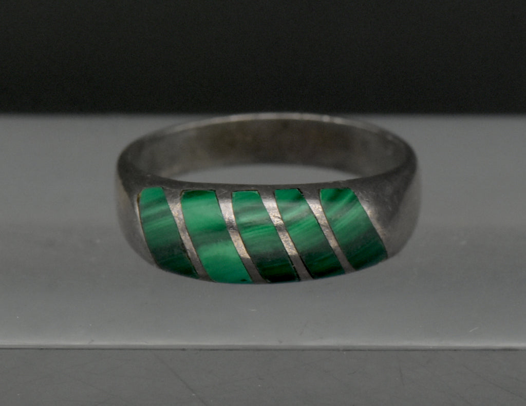 Vintage Handmade Malachite Sterling Silver Band - Size 8
