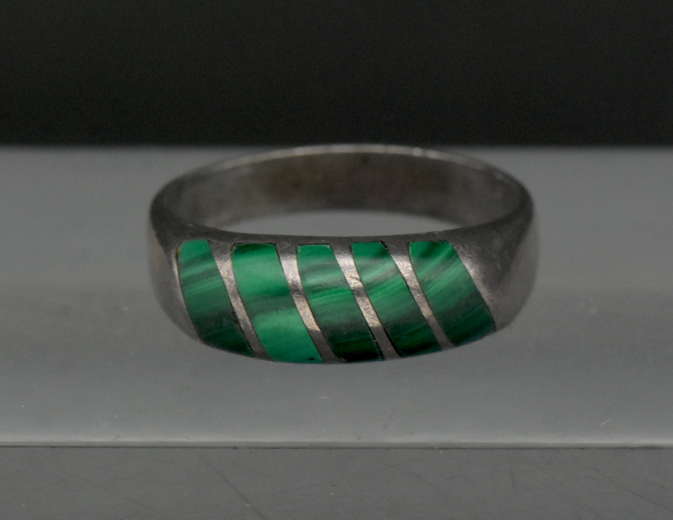 Vintage Handmade Malachite Sterling Silver Band - Size 8