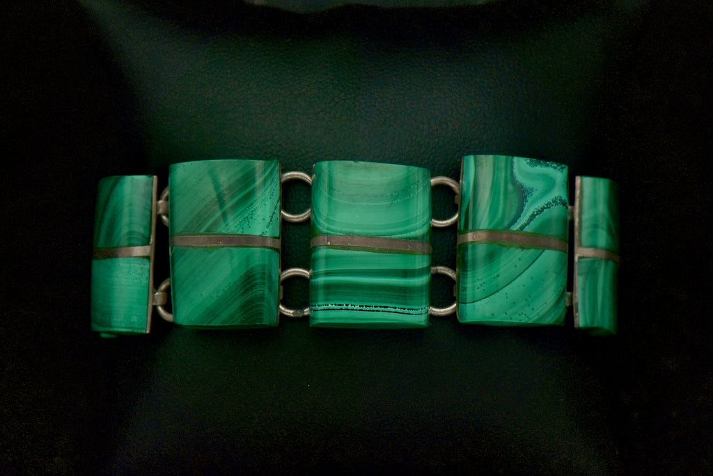 Vintage Handmade Mexican Sterling Silver & Malachite Panel Bracelet - 6.75"
