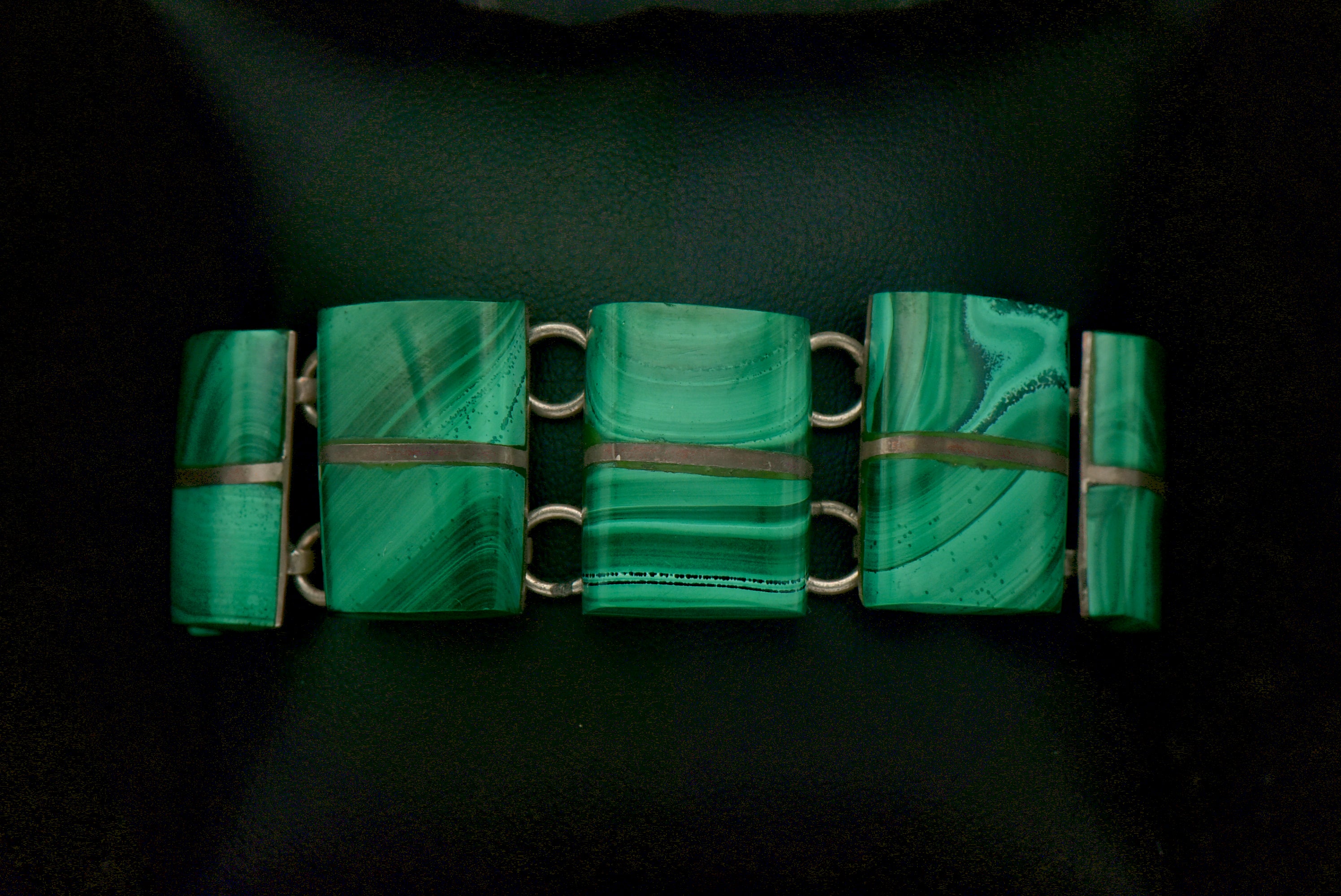 Vintage Handmade Mexican Sterling Silver & Malachite Panel Bracelet - 6.75"
