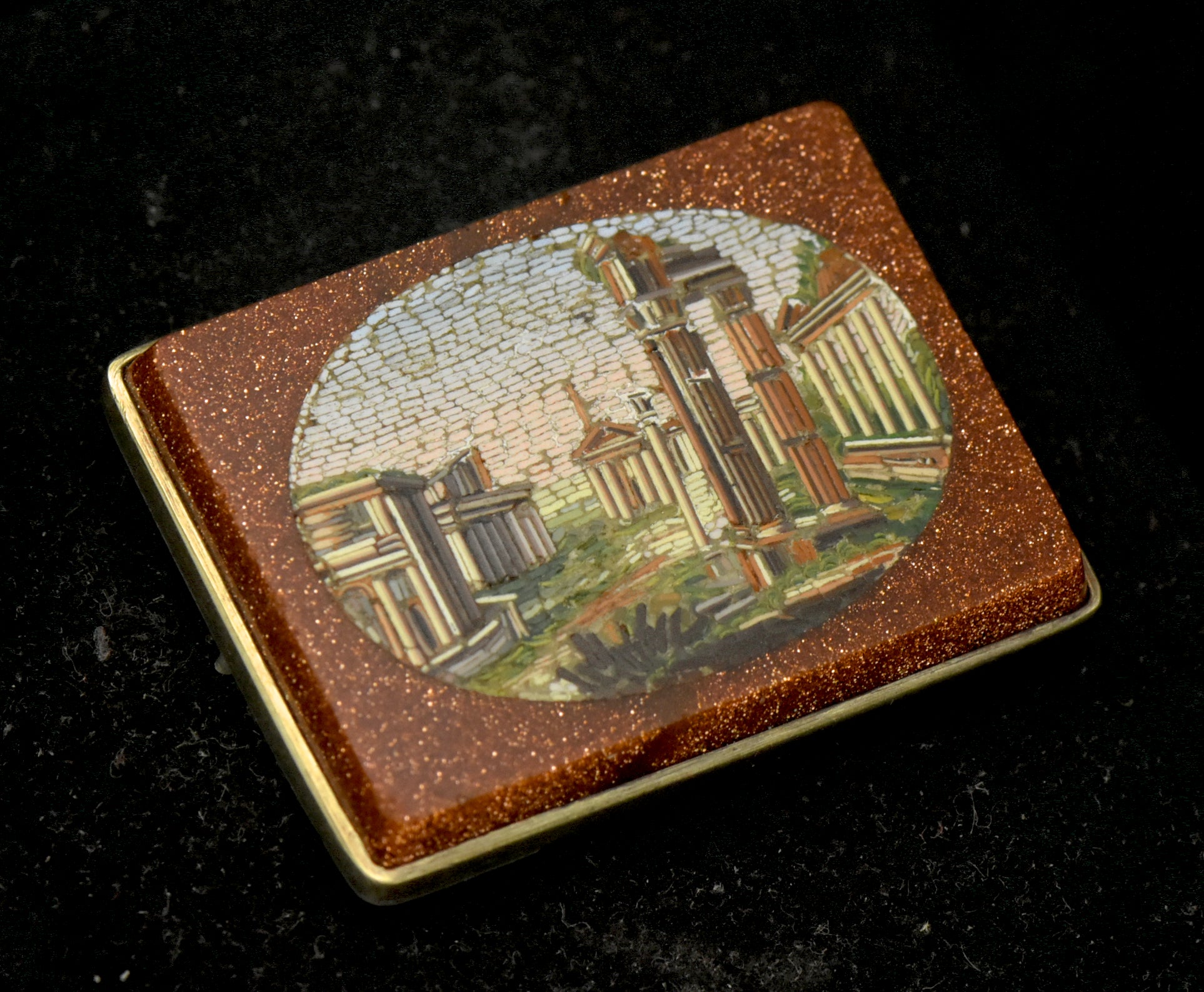 Antique 14K Grand Tour Micromosaic Brooch Roman Forum in Goldstone Glass