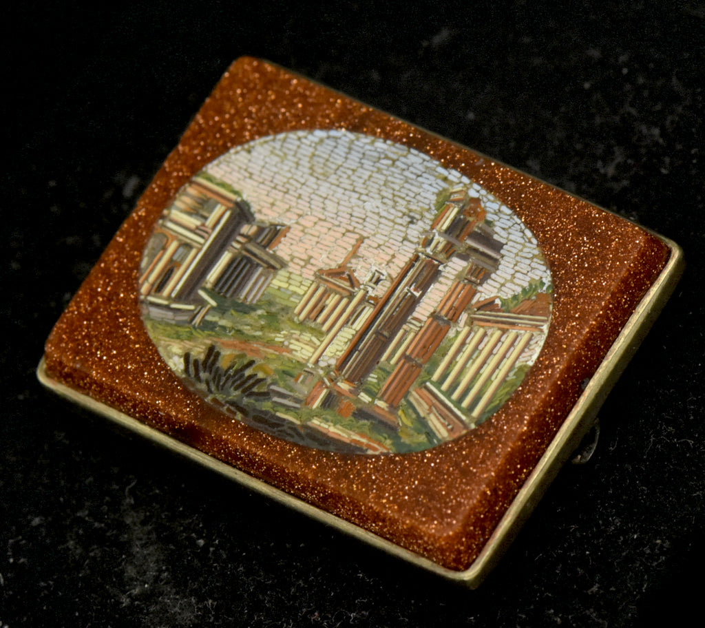 Antique 14K Grand Tour Micromosaic Brooch Roman Forum in Goldstone Glass