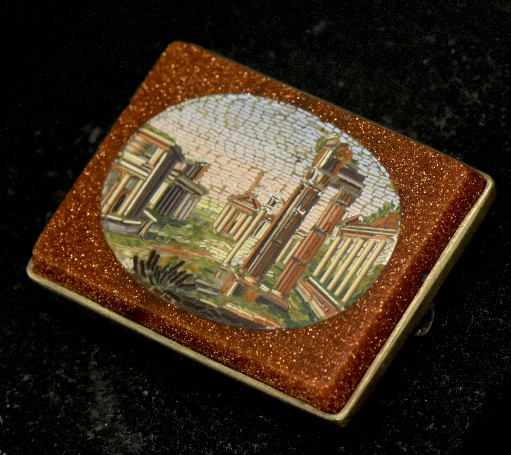 Antique 14K Grand Tour Micromosaic Brooch Roman Forum in Goldstone Glass