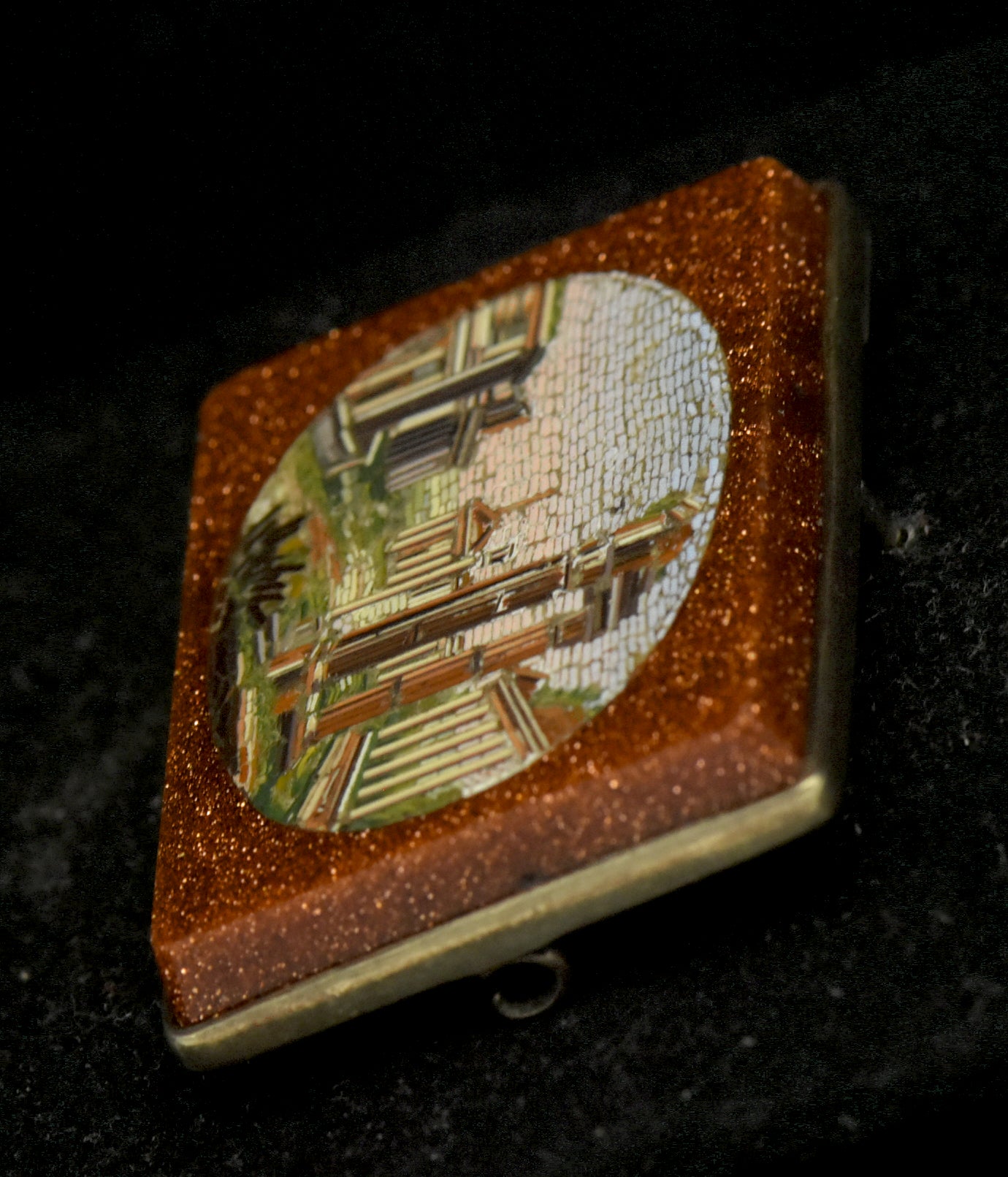 Antique 14K Grand Tour Micromosaic Brooch Roman Forum in Goldstone Glass