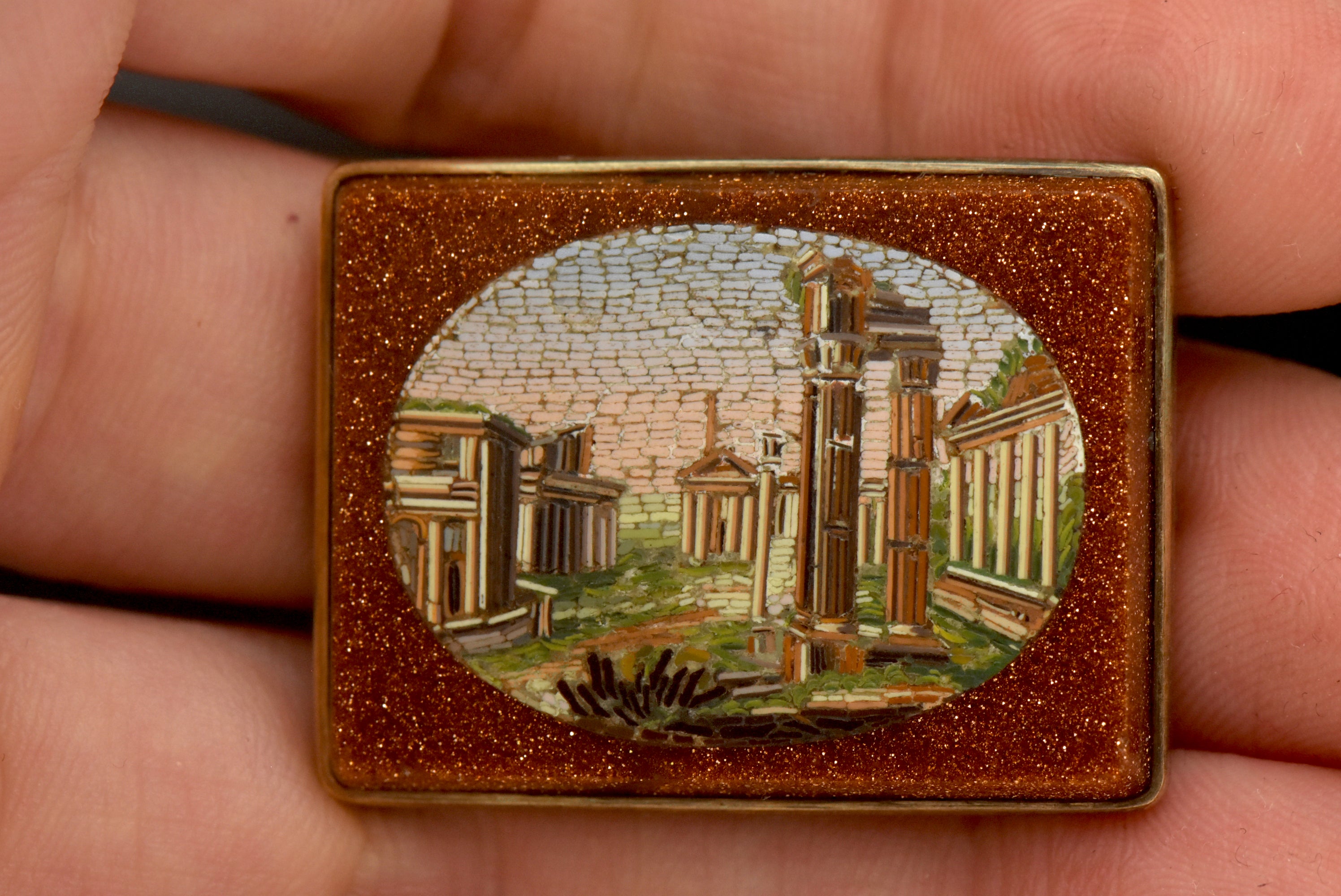 Antique 14K Grand Tour Micromosaic Brooch Roman Forum in Goldstone Glass
