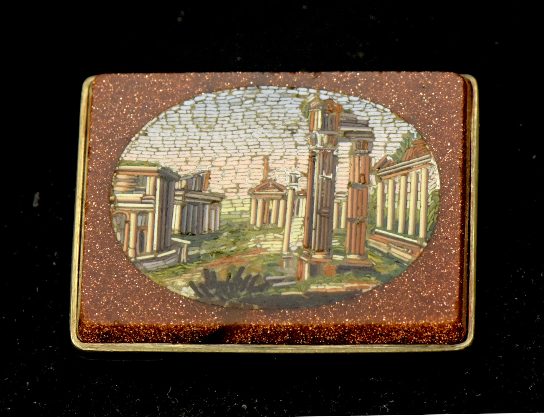 Antique 14K Grand Tour Micromosaic Brooch Roman Forum in Goldstone Glass