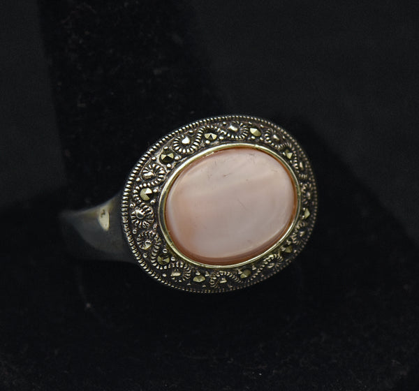 Vintage Pink Mother of Pearl Sterling Silver Ring - Size 12