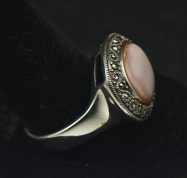 Vintage Pink Mother of Pearl Sterling Silver Ring - Size 12