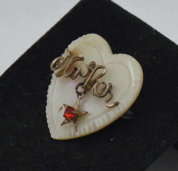 Vintage Handmade Mother of Pearl "Mother" Heart Brooch