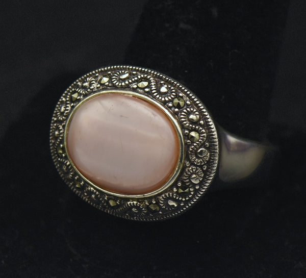 Vintage Pink Mother of Pearl Sterling Silver Ring - Size 12