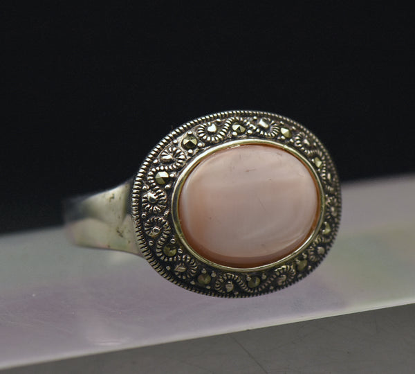 Vintage Pink Mother of Pearl Sterling Silver Ring - Size 12