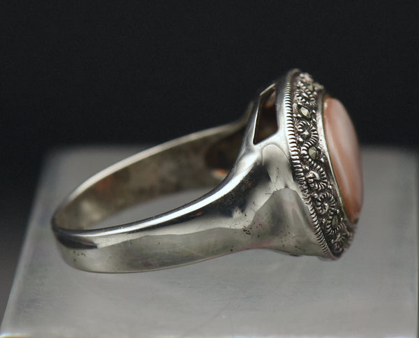 Vintage Pink Mother of Pearl Sterling Silver Ring - Size 12