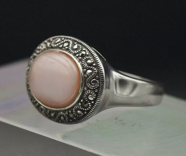 Vintage Pink Mother of Pearl Sterling Silver Ring - Size 12