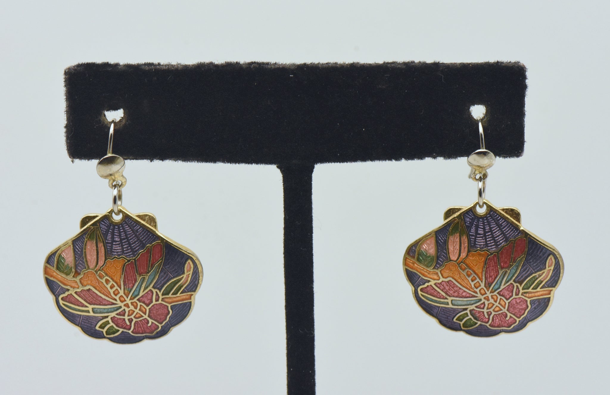 Vintage Enamel Butterfly and Floral Scallop Shell Dangle Earrings